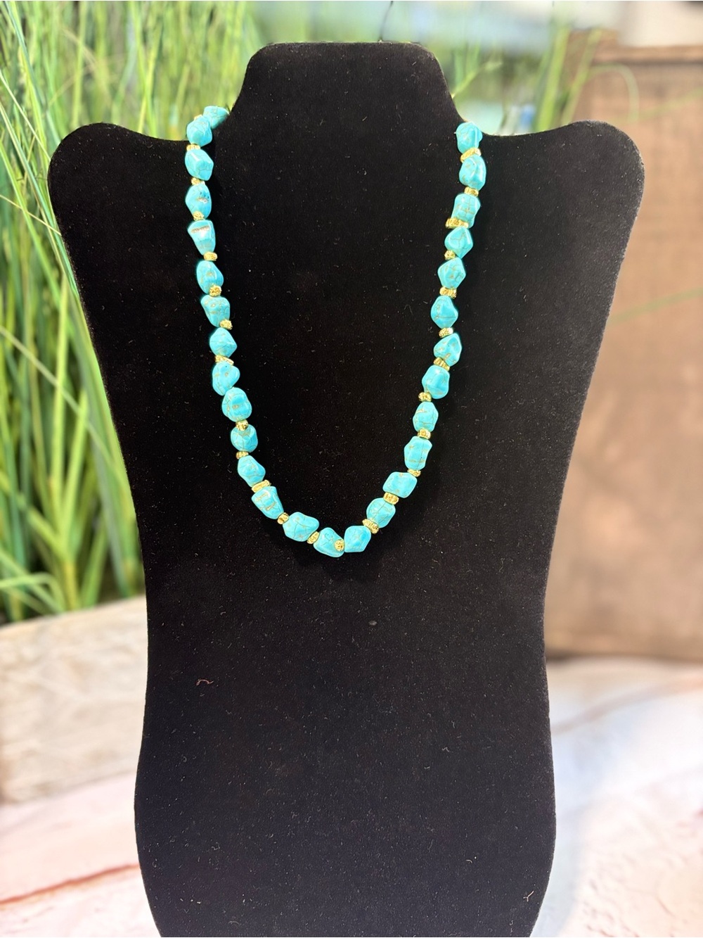 Turquoise Bead Necklace with Gold Accents - Women Jewelry